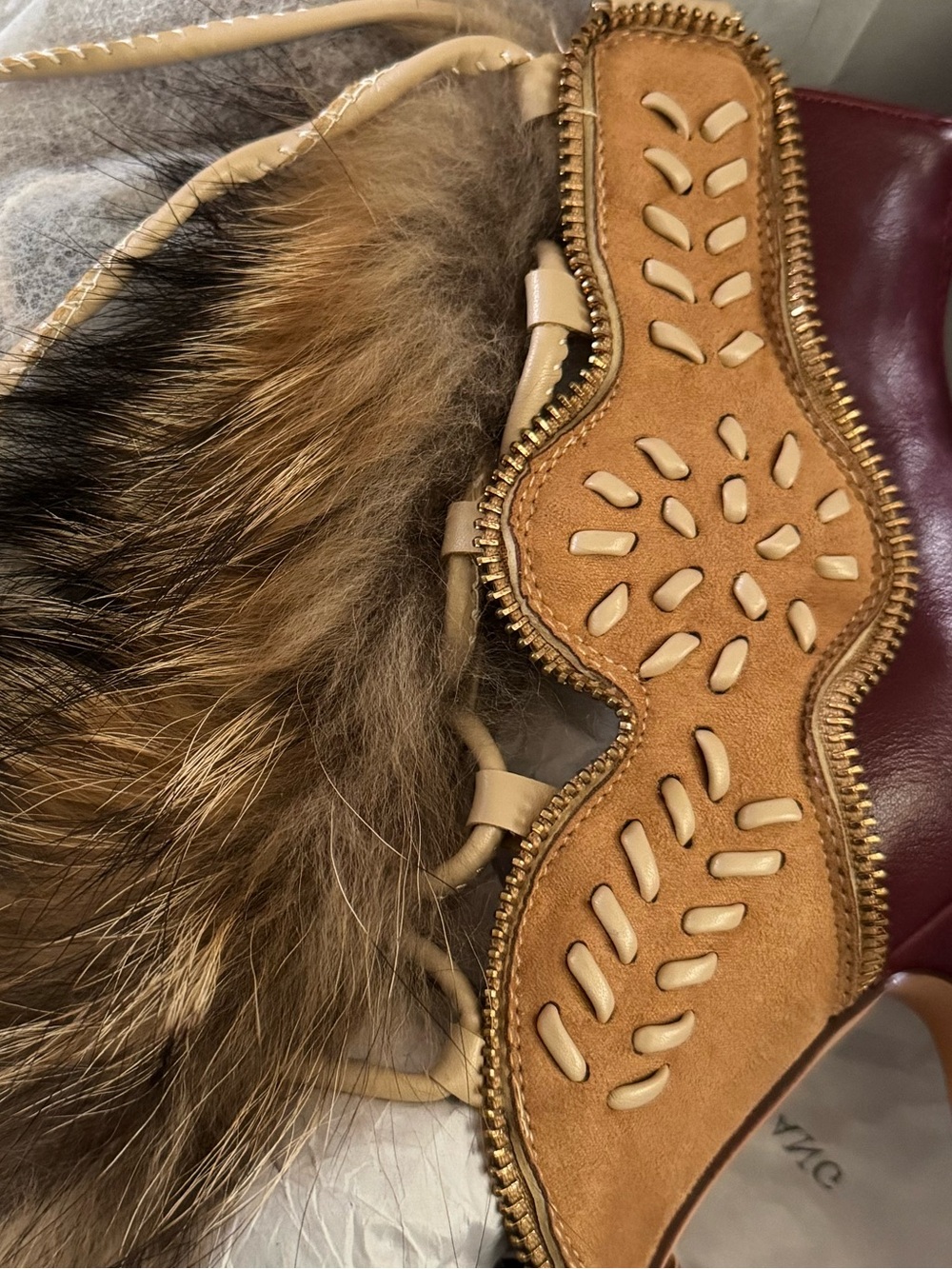 AKIRA Red and Tan Fur-Trim Lace-Up Stiletto Booties - Picture 5 of 16